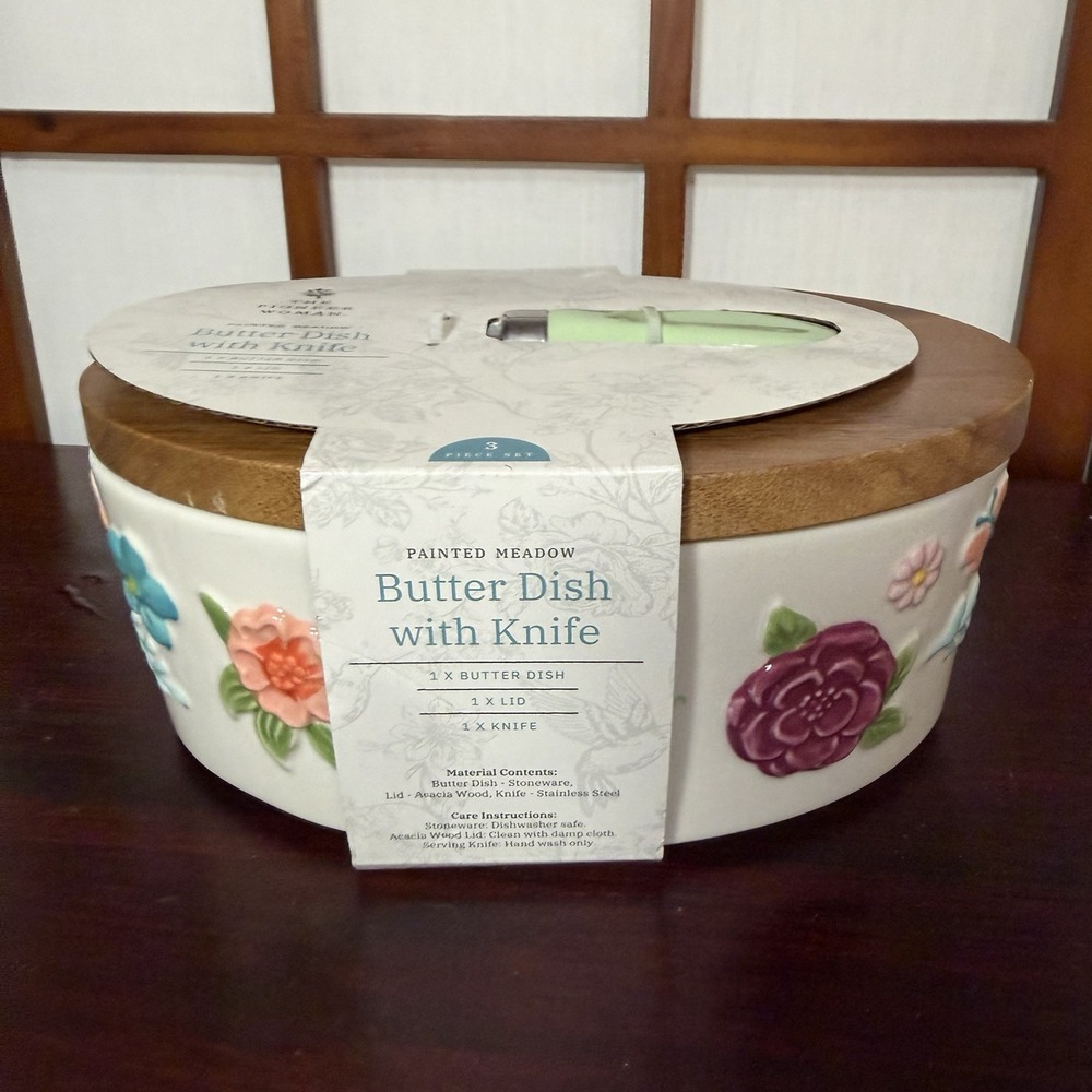 Pioneer Woman Large Butter Dish Painted Meadow Acacia Wood Lid Spreader NEW